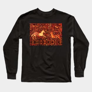 UNICORN AND DEER AMONG RED FLOWERS, FOREST ANIMALS FLEMISH FLORAL Long Sleeve T-Shirt